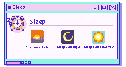 NSO sleep menu. has options for Sleep Until Dusk, Sleep Until Night, and Sleep Until Tomorrow