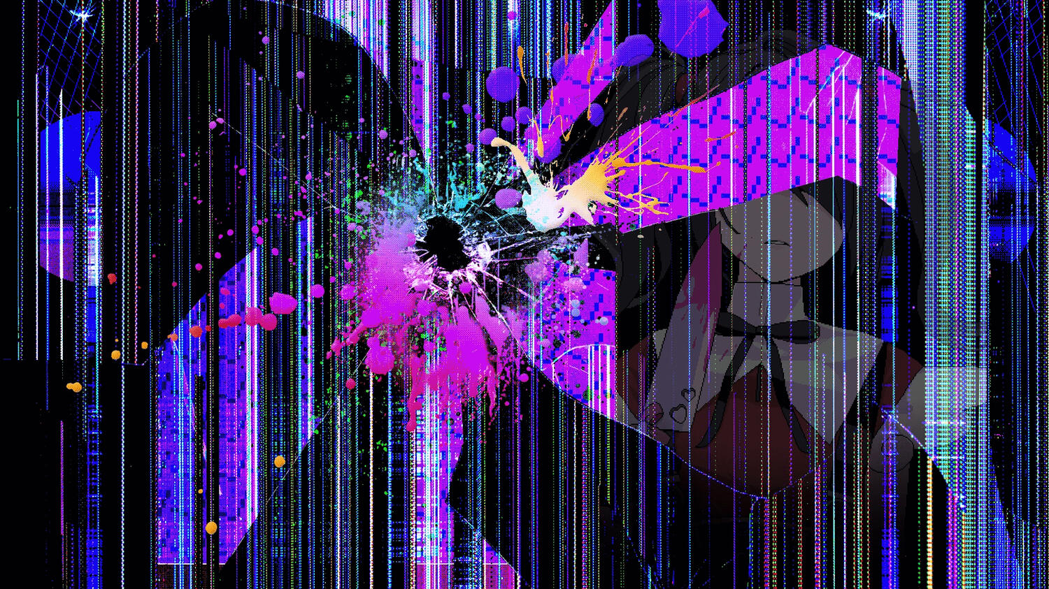 a broken screen with ame in the background, holding a bloody knife